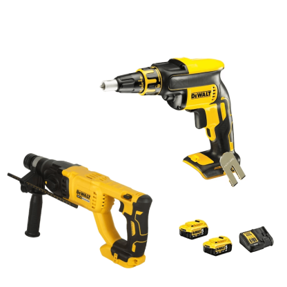 Kit Aparafusadora Pladur DCF620NT + Martelo DCH133NT + 2 Baterias 18V Li-Ion 5Ah e Carregador DeWalt CPROF443